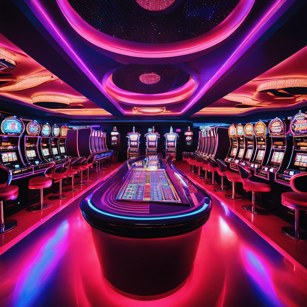 An image showcasing a sleek, futuristic casino hall bathed in vibrant neon lights