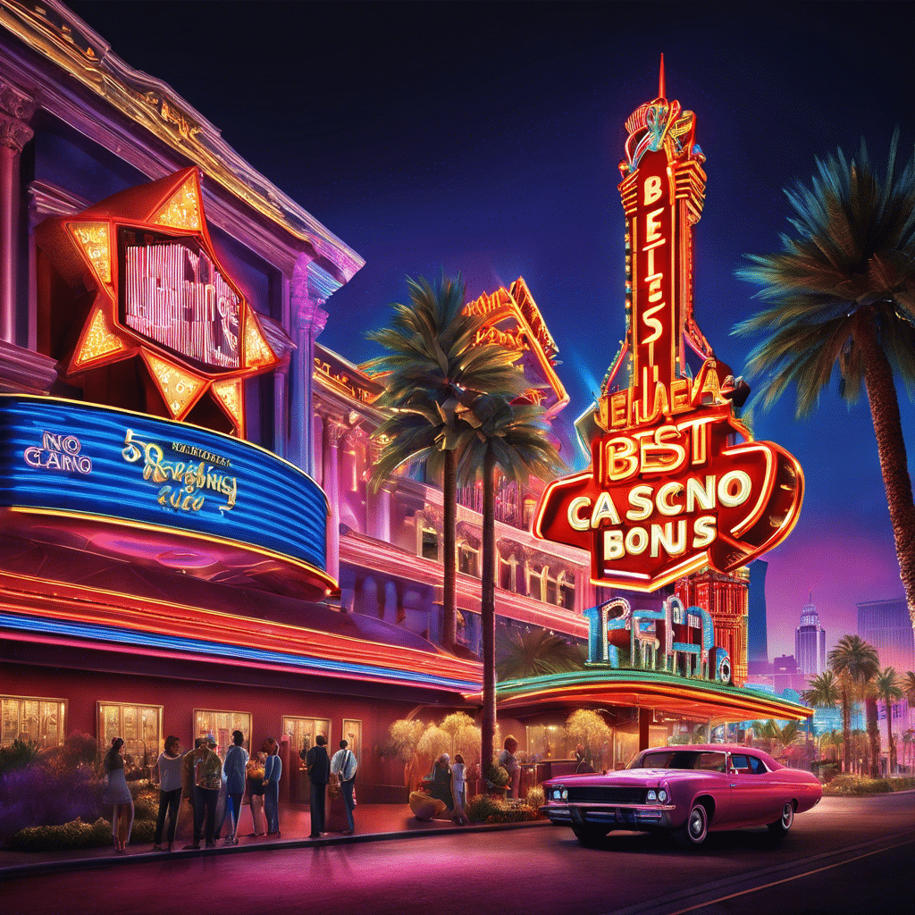 An image showcasing a vibrant Las Vegas-inspired casino scene, with a gleaming neon sign displaying "Best No KYC Casino" amidst a backdrop of iconic American landmarks, hinting at enticing no deposit bonuses for USA players