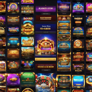 An image showcasing a sleek, modern online casino interface with a user-friendly navigation menu, vibrant, high-quality graphics of various slot machines, and a seamless deposit and withdrawal process