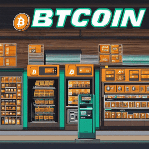 An image showcasing a Bitcoin Depot ATM, positioned inside a bustling convenience store