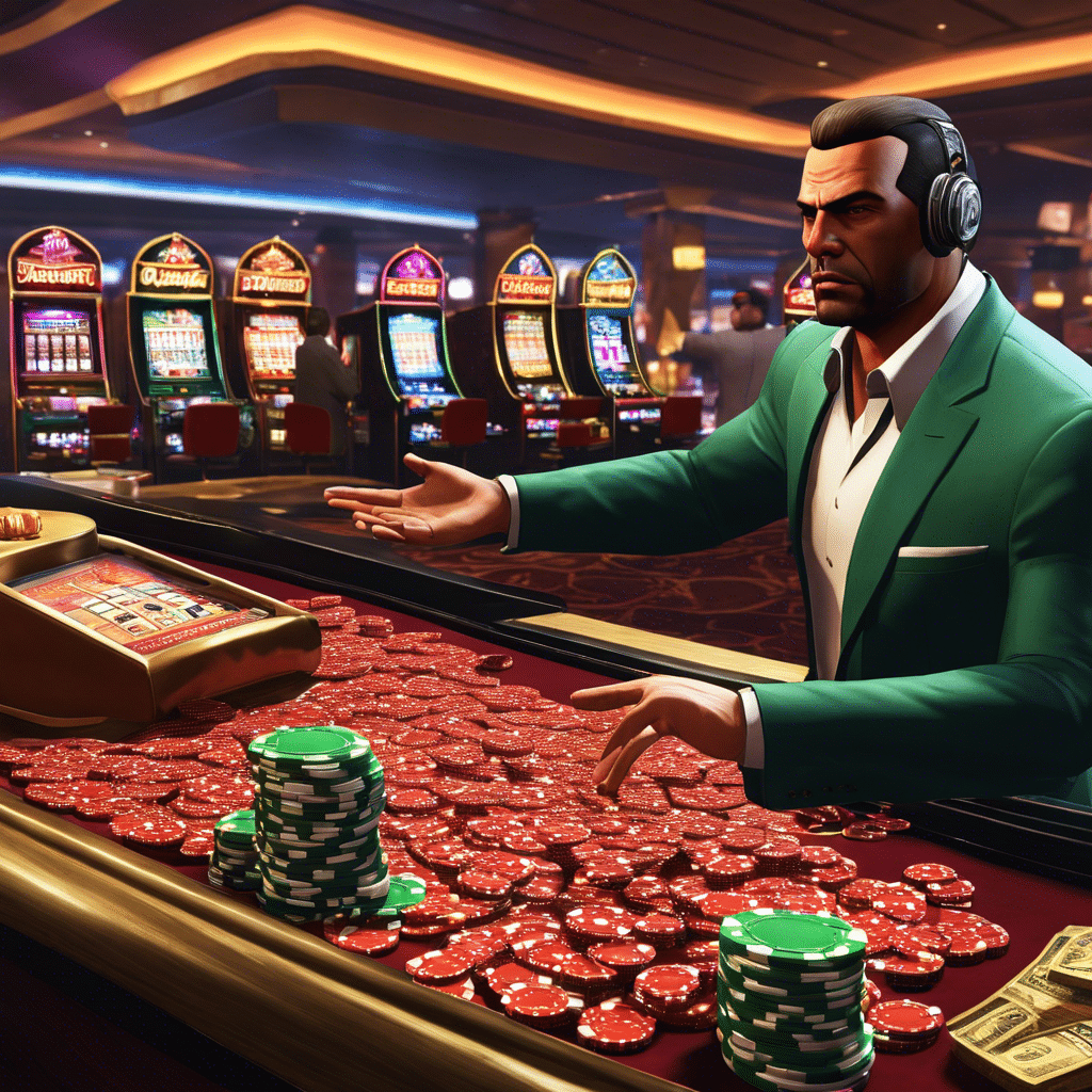 An image showcasing a frustrated GTA 5 player standing in front of a casino cashier, desperately gesturing towards a pile of chips on the counter, while the cashier shakes their head with a dismissive expression