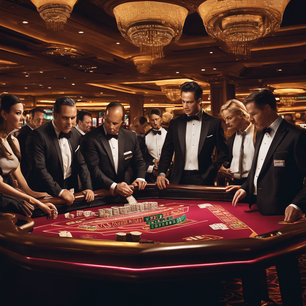 An image capturing the tense atmosphere of a casino floor, as security personnel huddle around a sophisticated counterfeit bill detection machine, scrutinizing a meticulously crafted fake banknote under bright lights