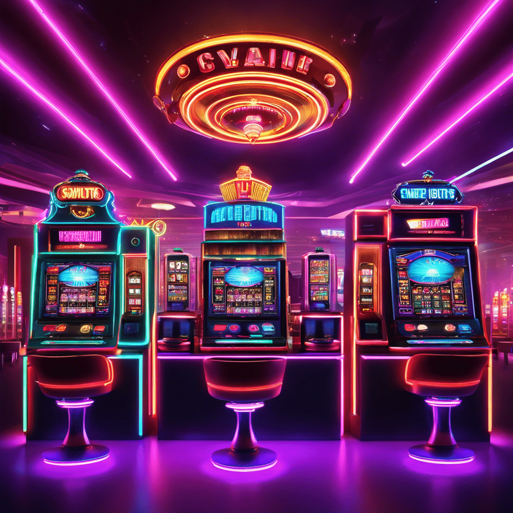 An image showcasing a futuristic, neon-lit casino filled with crypto-themed slot machines, roulette tables, and blackjack dealers