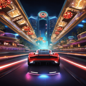 An image illustrating a casino-themed race track with sleek, futuristic cars zooming towards a finish line, symbolizing lightning-fast payouts