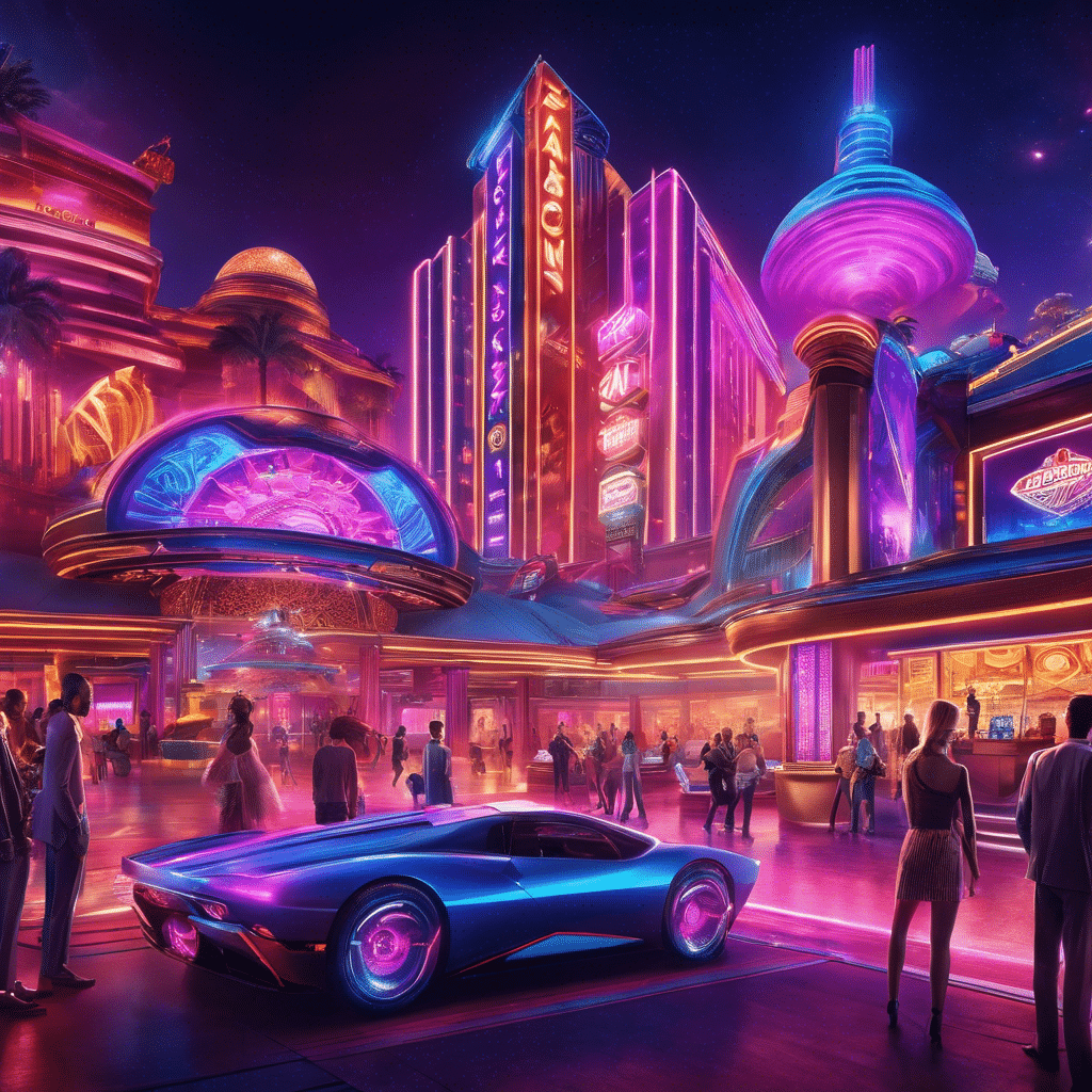 An image showcasing a vibrant, futuristic casino landscape with sleek, neon-lit buildings