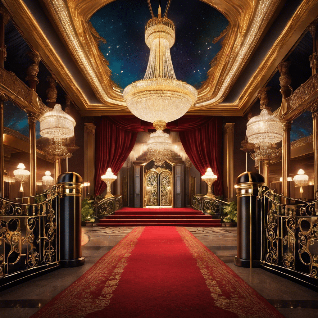 An image showcasing a lavish, opulent casino entrance adorned with gleaming chandeliers, guarded by imposing bouncers, while disappointed locals watch from behind a barred gate, yearning to enter the forbidden world