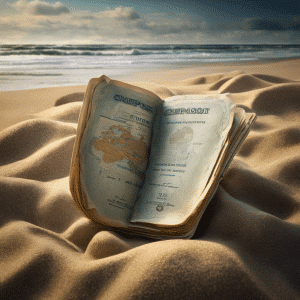 An image showcasing a crumpled, expired passport lying on a deserted beach, symbolizing missed opportunities and lost adventures, yet hinting at the untapped memories and personal growth hidden within its worn-out pages