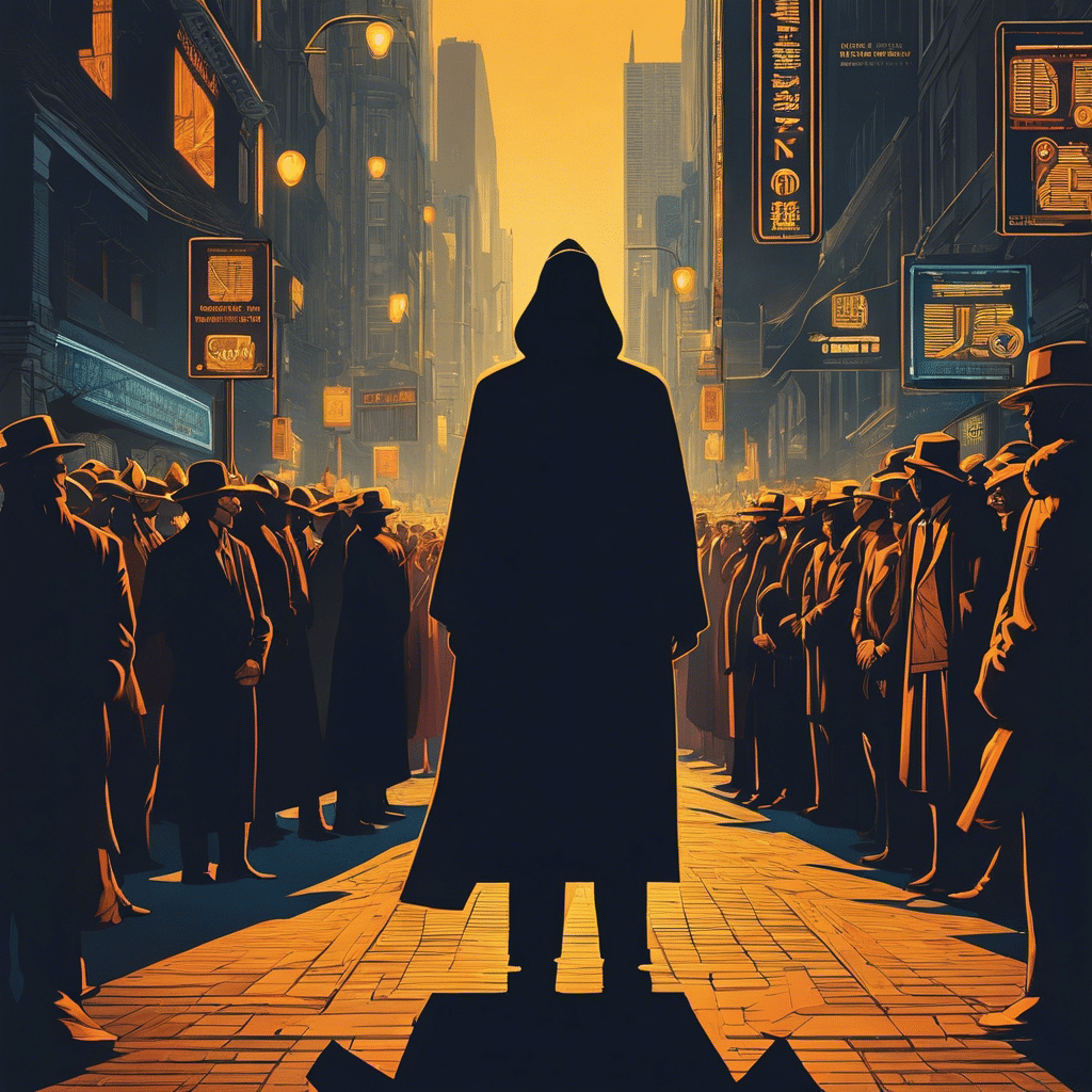 An image depicting a shadowy figure, wearing a disguise, exchanging cryptocurrency on a dimly lit street corner, surrounded by a crowd of faceless individuals, emphasizing the concept of anonymity in KYC exchanges