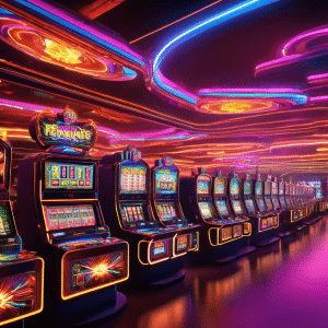 An image showcasing a futuristic casino landscape at night, illuminated by vibrant neon lights