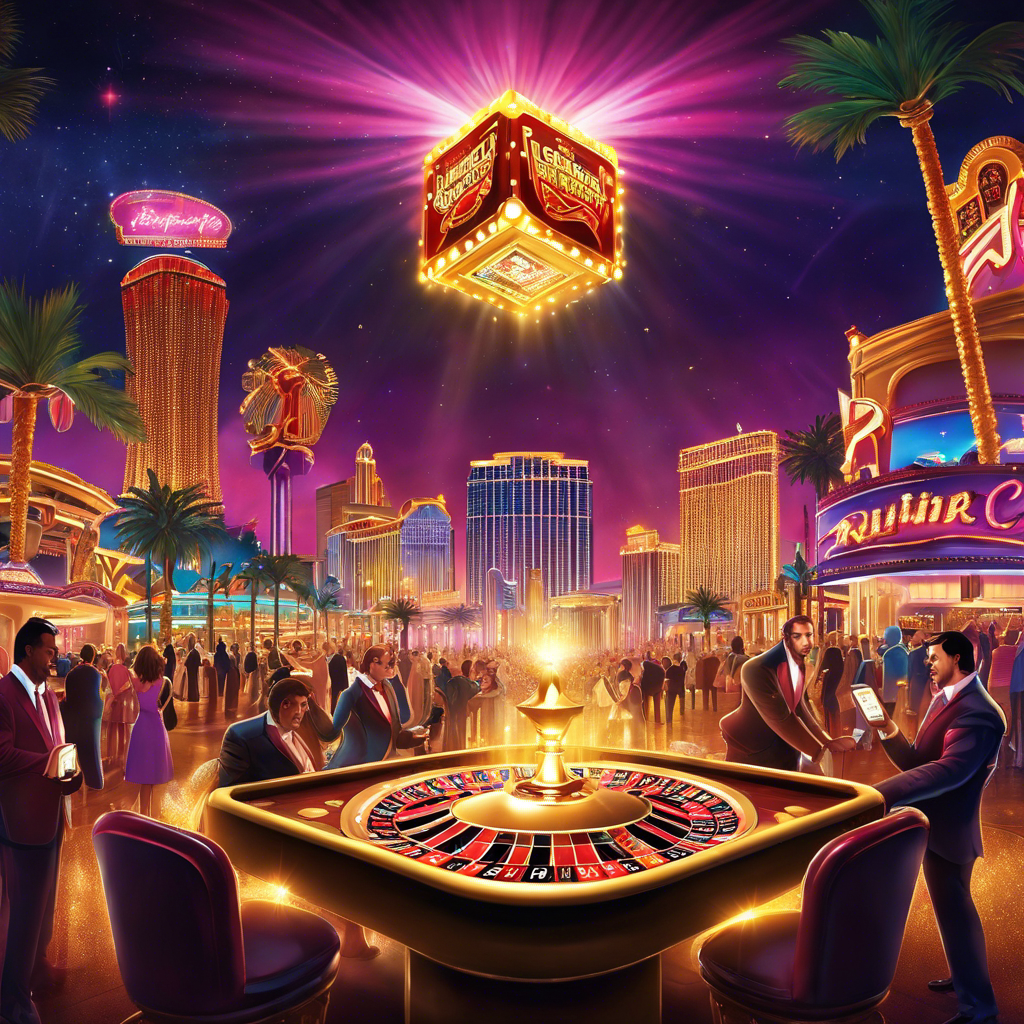 An image showcasing a vibrant, Las Vegas-inspired scene with a golden lucky block towering over a bustling casino floor