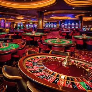 Nt, neon-lit casino floor bustling with excitement; roulette wheels spinning, slot machines flashing, and a crowd of enthusiastic gamblers celebrating wins