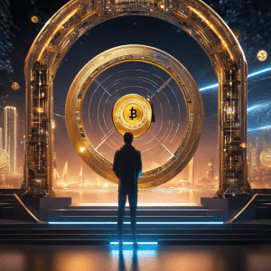 E of a person standing in front of a futuristic digital gateway adorned with various cryptocurrencies as they confidently hold a padlock, symbolizing the liberation and anonymity offered by No-KYC Crypto Exchanges in 2024