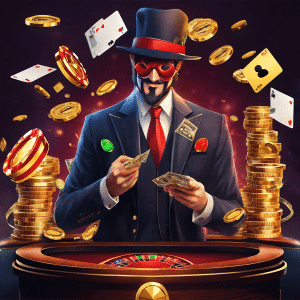 An image showcasing a gambler happily withdrawing instant cash from a no verification casino, surrounded by a shield of privacy symbols like lock icons, blurred faces, and masked figures