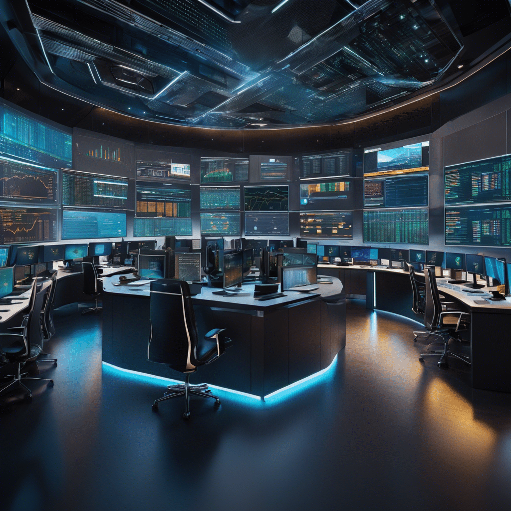 An image showcasing a futuristic, high-tech trading floor where multiple screens display real-time data of various cryptocurrencies