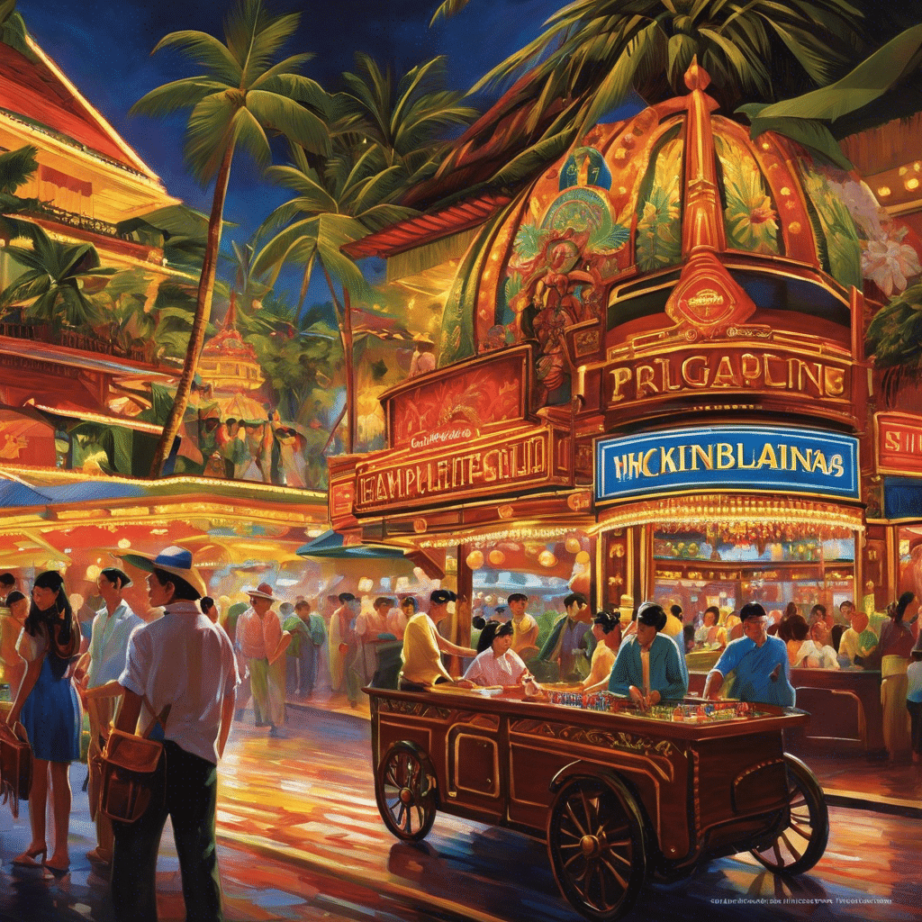 An image that captures the essence of the Philippines' gambling phenomenon: vibrant casino lights reflecting on excited faces, a backdrop of traditional Filipino architecture, and the aroma of street food mingling with the thrill of anticipation