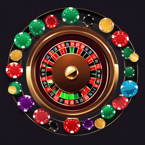 An image showcasing a sleek and modern online casino environment, with a virtual roulette wheel spinning, a stack of poker chips, and a secure PayPal logo prominently displayed for a blog post on PayPal casinos