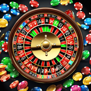 An image showcasing a virtual roulette wheel, surrounded by a vibrant display of casino chips, reflecting the glitz and glamour of top-rated online casinos