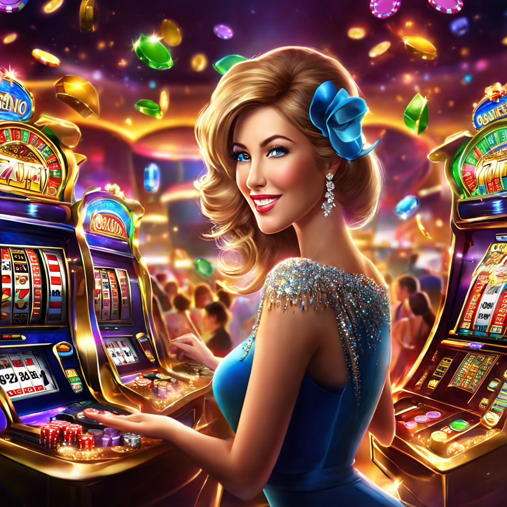 An image featuring a glitzy casino scene with vibrant slot machines flashing with dollar signs, surrounded by excited gamblers clutching handfuls of cash, capturing the allure of SweepSlots Casino's enticing free cash prizes