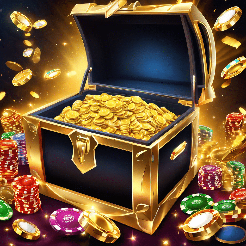 An image of a golden treasure chest overflowing with stacks of casino chips and sparkling diamonds, flanked by a deck of cards and a roulette wheel spinning with excitement, symbolizing the untapped wealth of lucrative casino bonuses waiting to be discovered