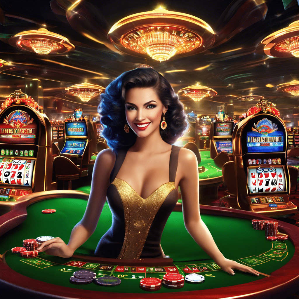 An image of a virtual casino floor, filled with vibrant slot machines and roulette tables