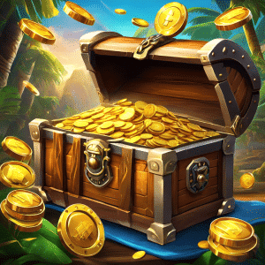 An image featuring a gleaming, ancient treasure chest overflowing with shimmering gold coins, jewels, and precious artifacts, beckoning players to embark on a thrilling adventure at Chumba Casino