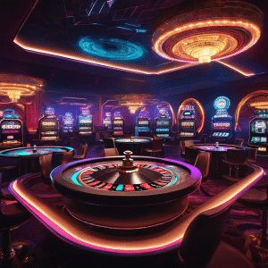 An image showcasing a dimly lit, futuristic casino with anonymous players wearing sleek, faceless masks