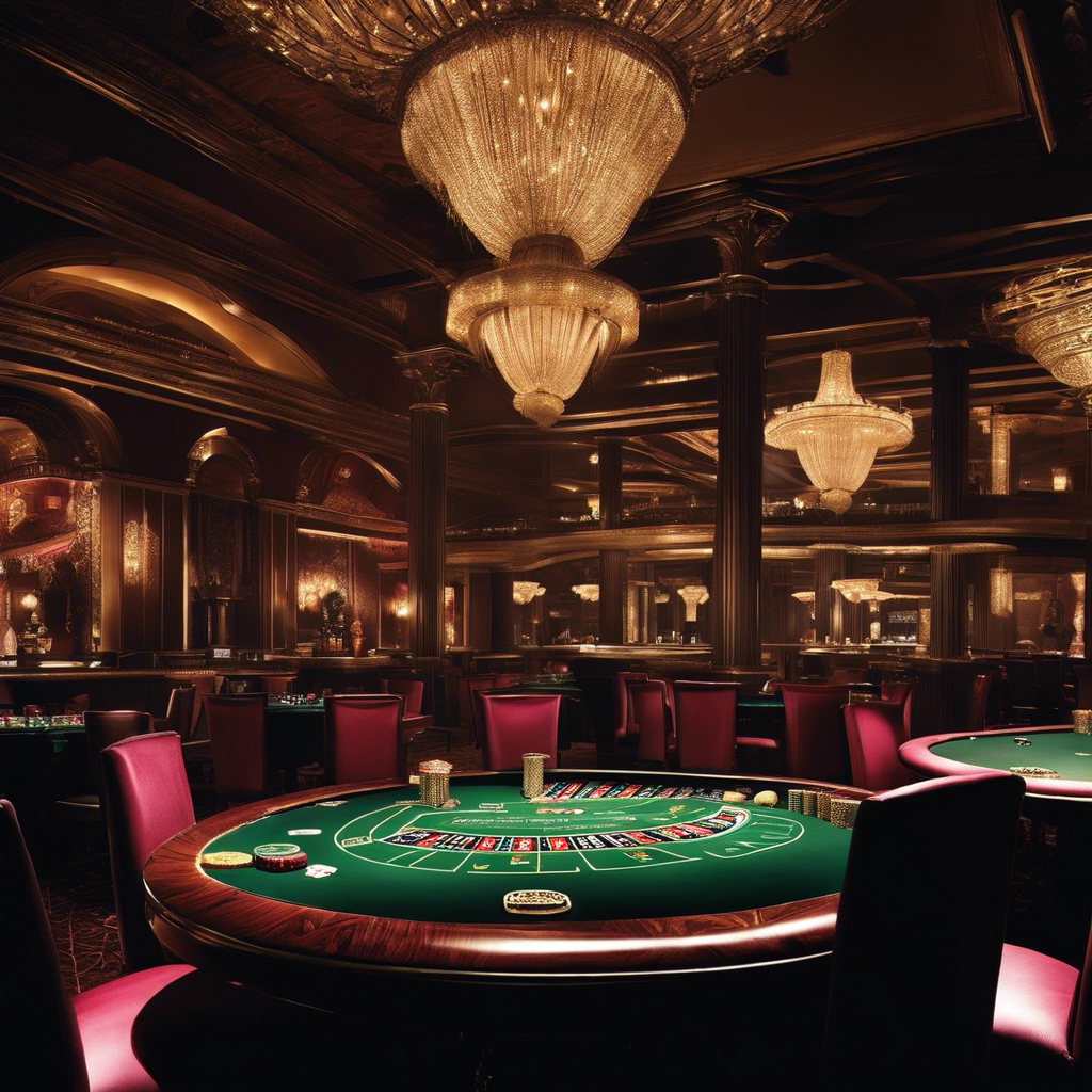 An image showcasing a dimly lit, opulent casino interior, where shadowy figures clad in elegant attire gather around sleek, high-stake tables, their faces hidden behind intricate Venetian masks, evoking an air of mystery and anonymity