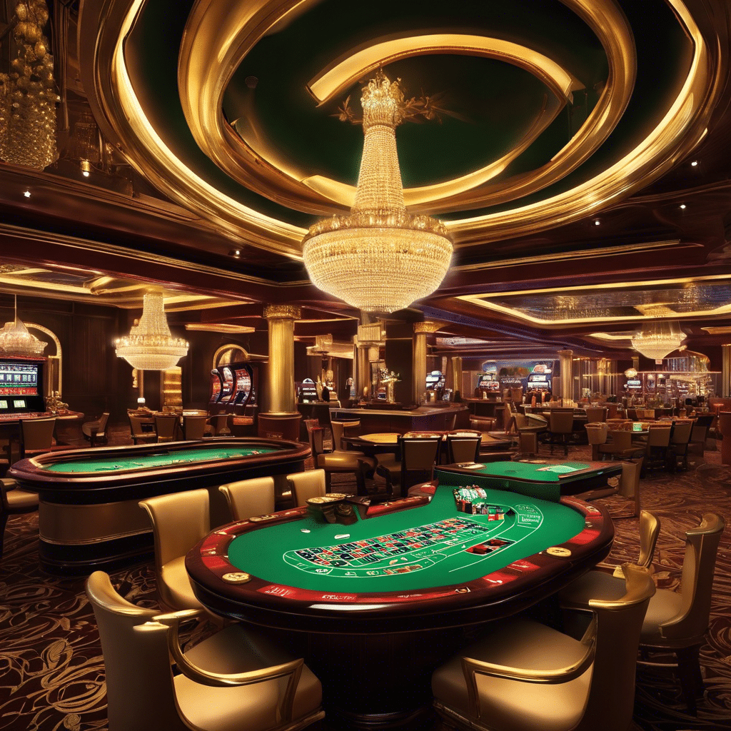 An image showcasing a grand casino scene: a luxurious room with golden chandeliers, vibrant slot machines, and a roulette wheel spinning in anticipation