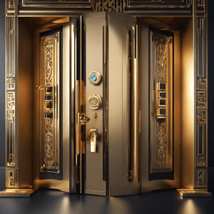 Ate a progression of four locked doors gradually opening to reveal increasingly luxurious services and greater limits, symbolizing the unlocking of exclusive benefits and higher limits with Bybit KYC levels