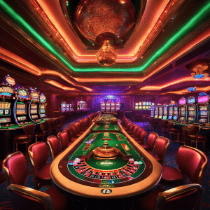 An image showcasing a vibrant, neon-lit casino floor with diverse players immersed in thrilling table games and slot machines