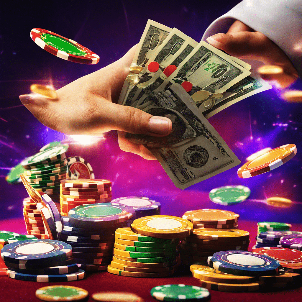 An image featuring a hand holding a stack of vibrant casino chips, with crisp dollar bills flying out of them, symbolizing the speed and efficiency of online casinos' lightning-fast payouts