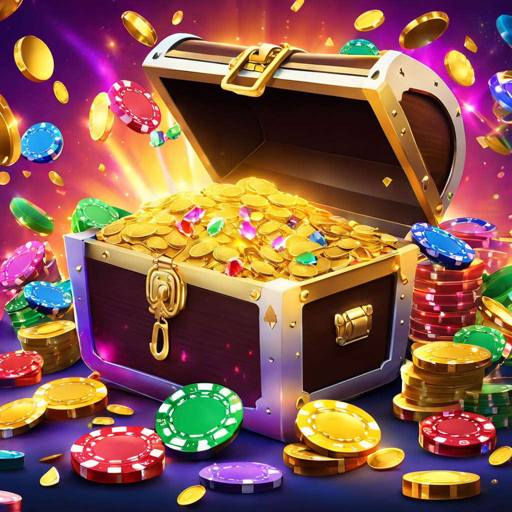 An image showcasing a golden treasure chest, overflowing with stacks of colorful casino chips and sparkling jewels, surrounded by confetti and a vibrant casino backdrop, enticing readers to explore the article on 'Unveiling the Ultimate No-Deposit Bonus Codes for 2023'