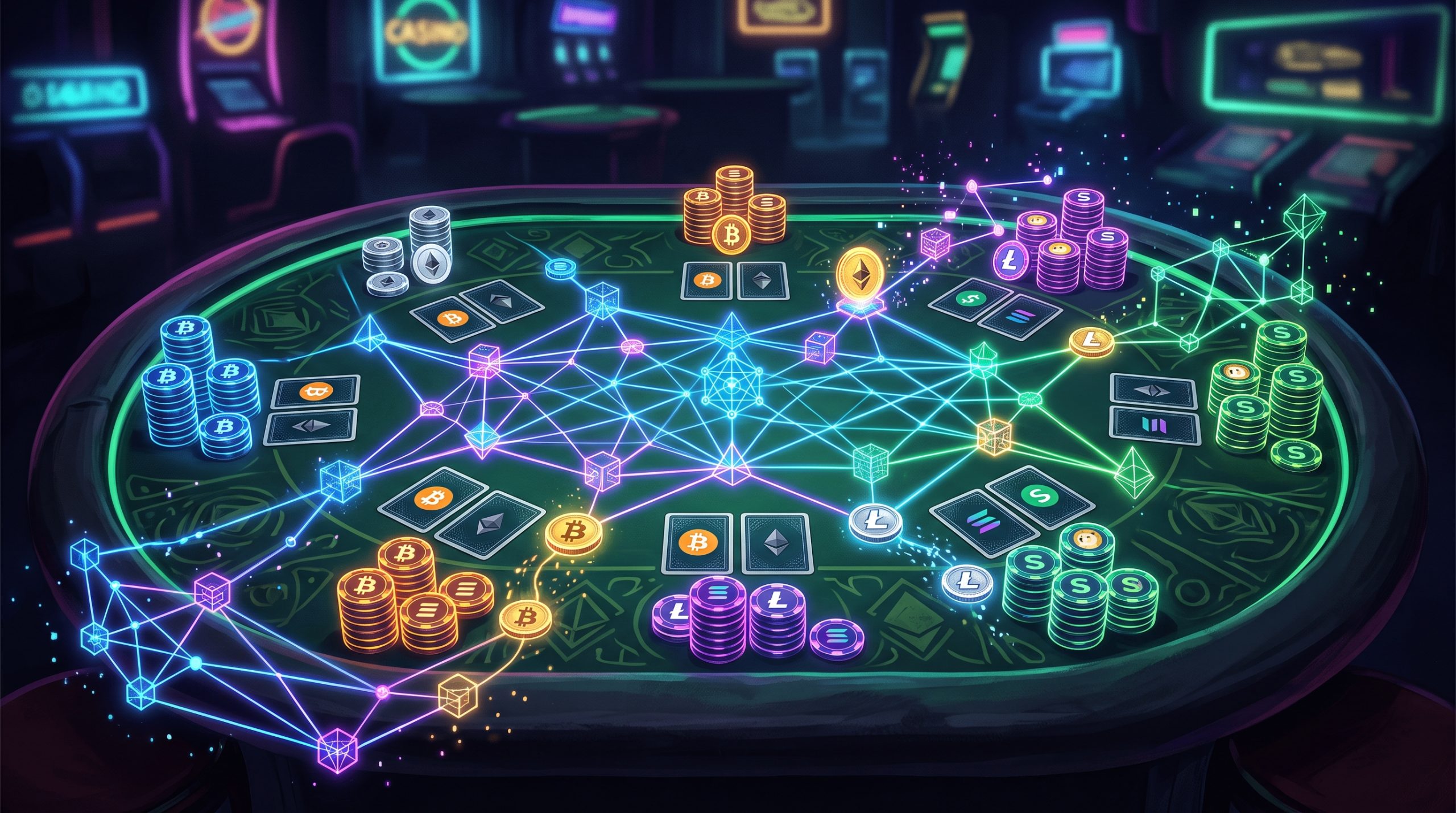 CoinPoker: Revolutionizing Online Poker with Blockchain Tech 2 Illustration of a poker table blended with blockchain network nodes and cryptocurrency symbols
