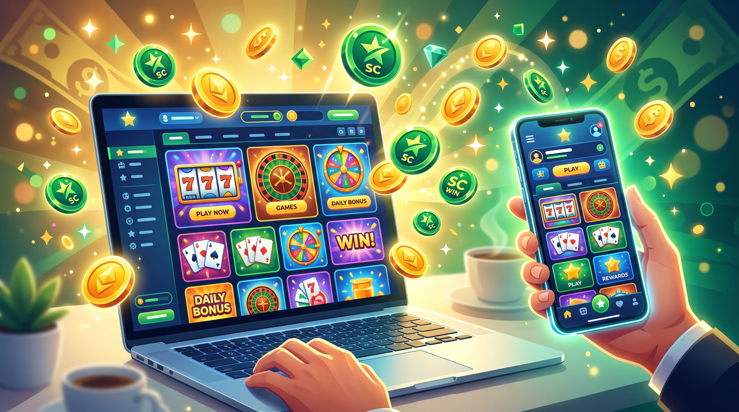 Discover Your Excitement at Spree Casino: Games & Bonuses Await 2 Illustration of an online sweepstakes casino lobby on laptop and mobile screens surrounded by gold and green coin icons