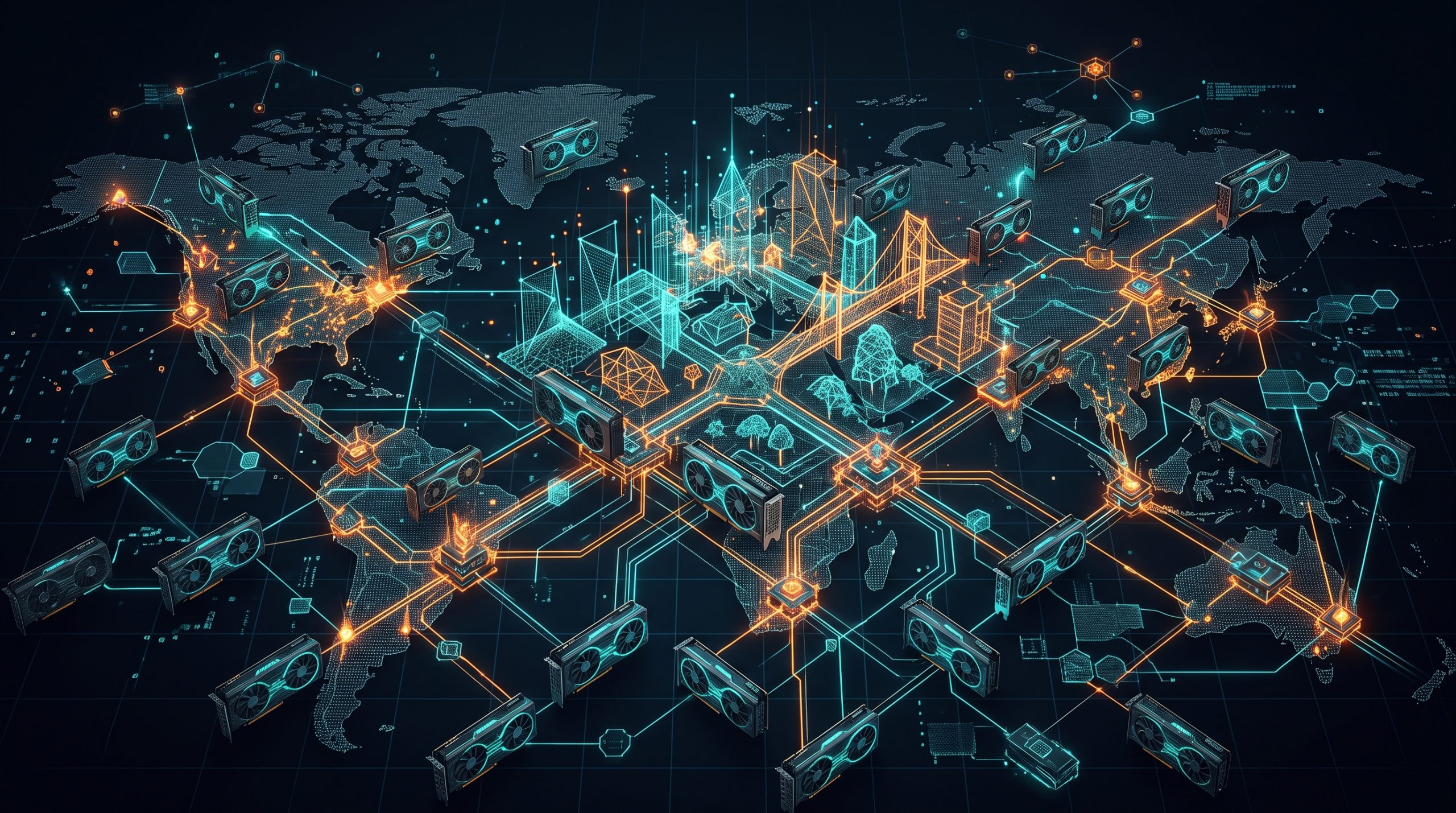 Render Coin: Revolutionizing GPU Rendering with Blockchain Tech 2 Illustration of a decentralized network of GPUs collaborating to render a 3D scene