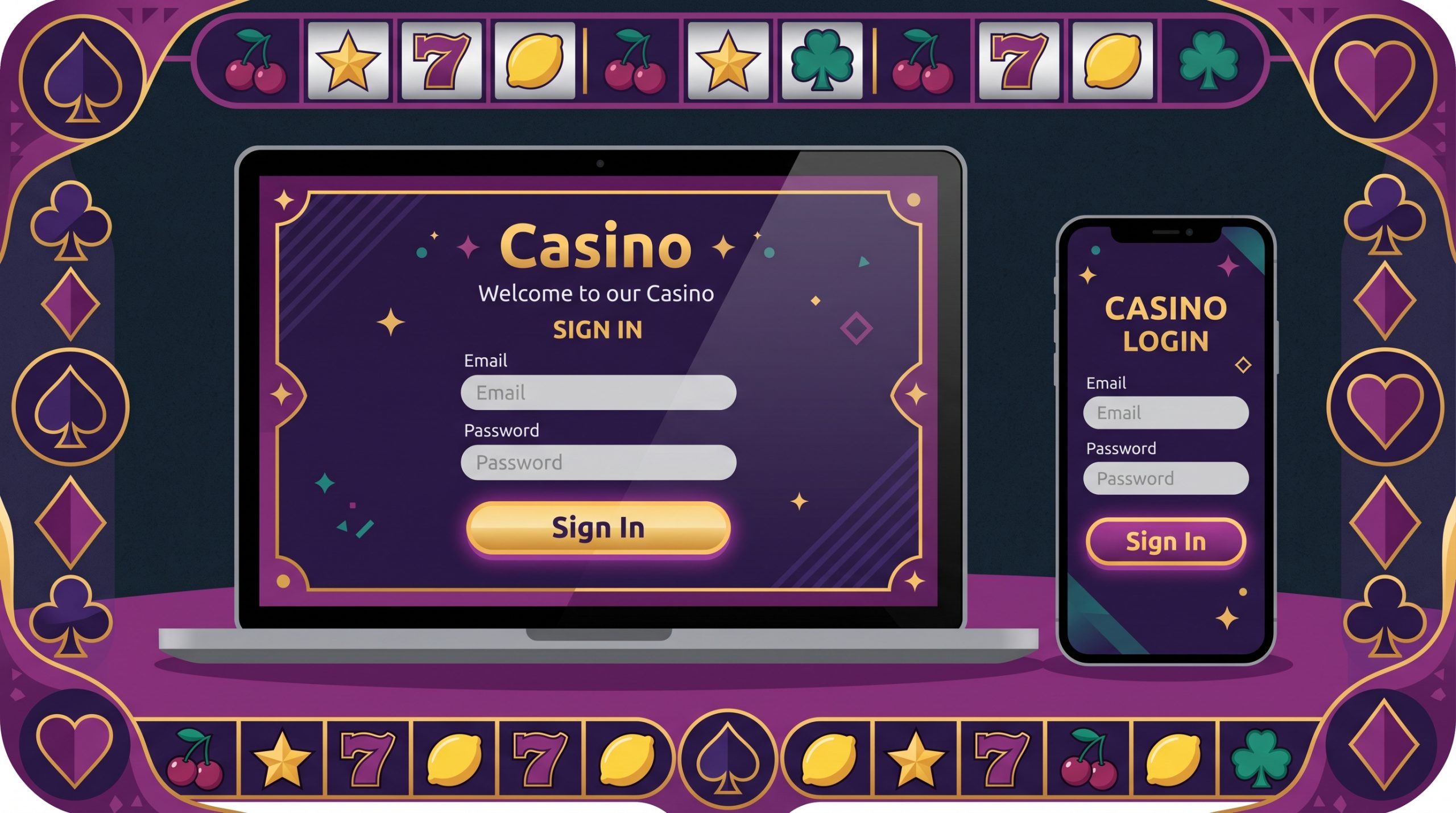 High 5 Casino Login: Play Your Favorite Slots Today 2 Illustration of a casino-style login screen with email and password fields shown on a laptop and a smartphone