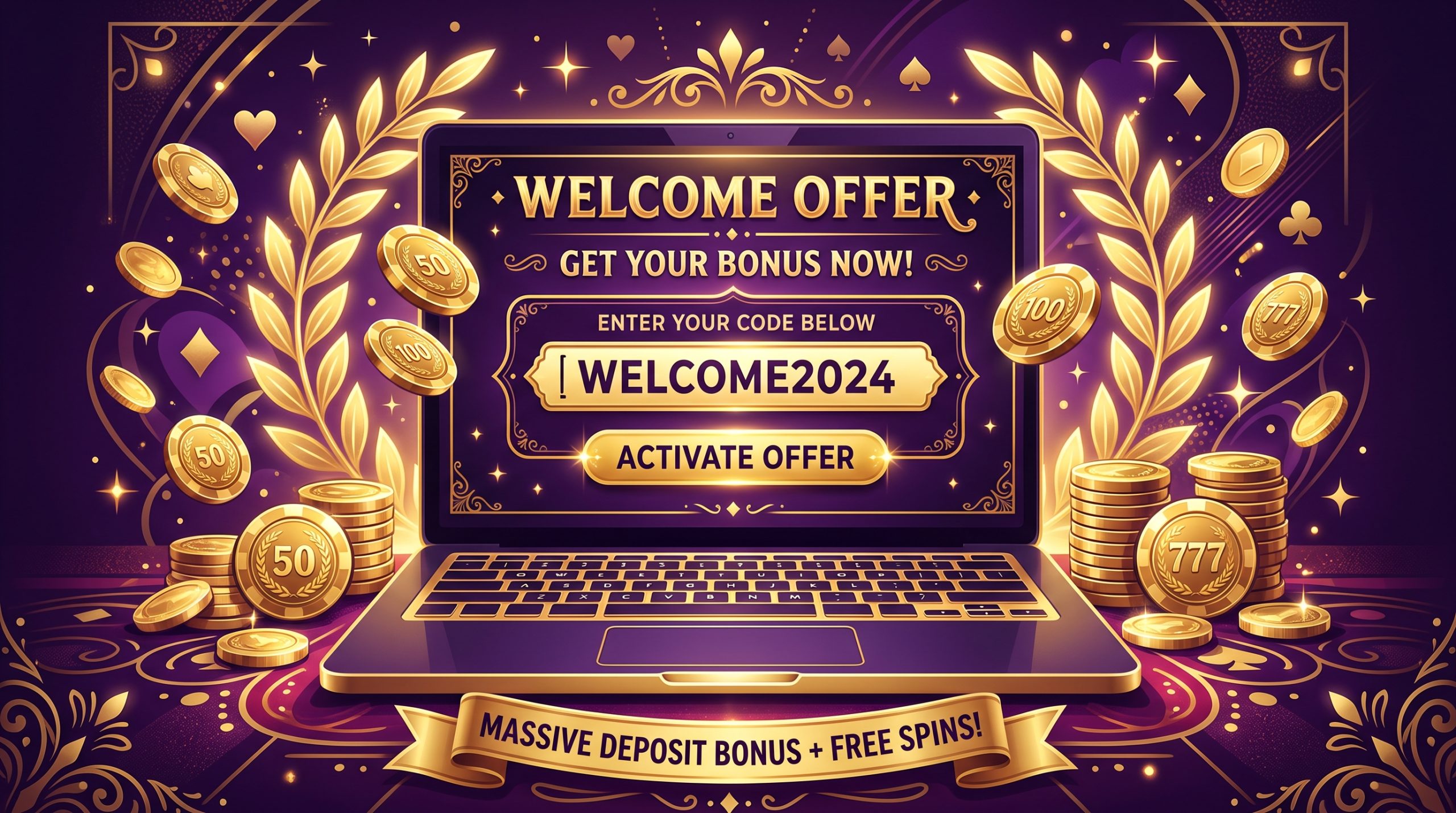 Unleash the Rewards: Caesars Casino Bonus Code Revealed 2 Illustration of an online casino welcome bonus showing a bonus code entry field on a laptop beside gold casino chips