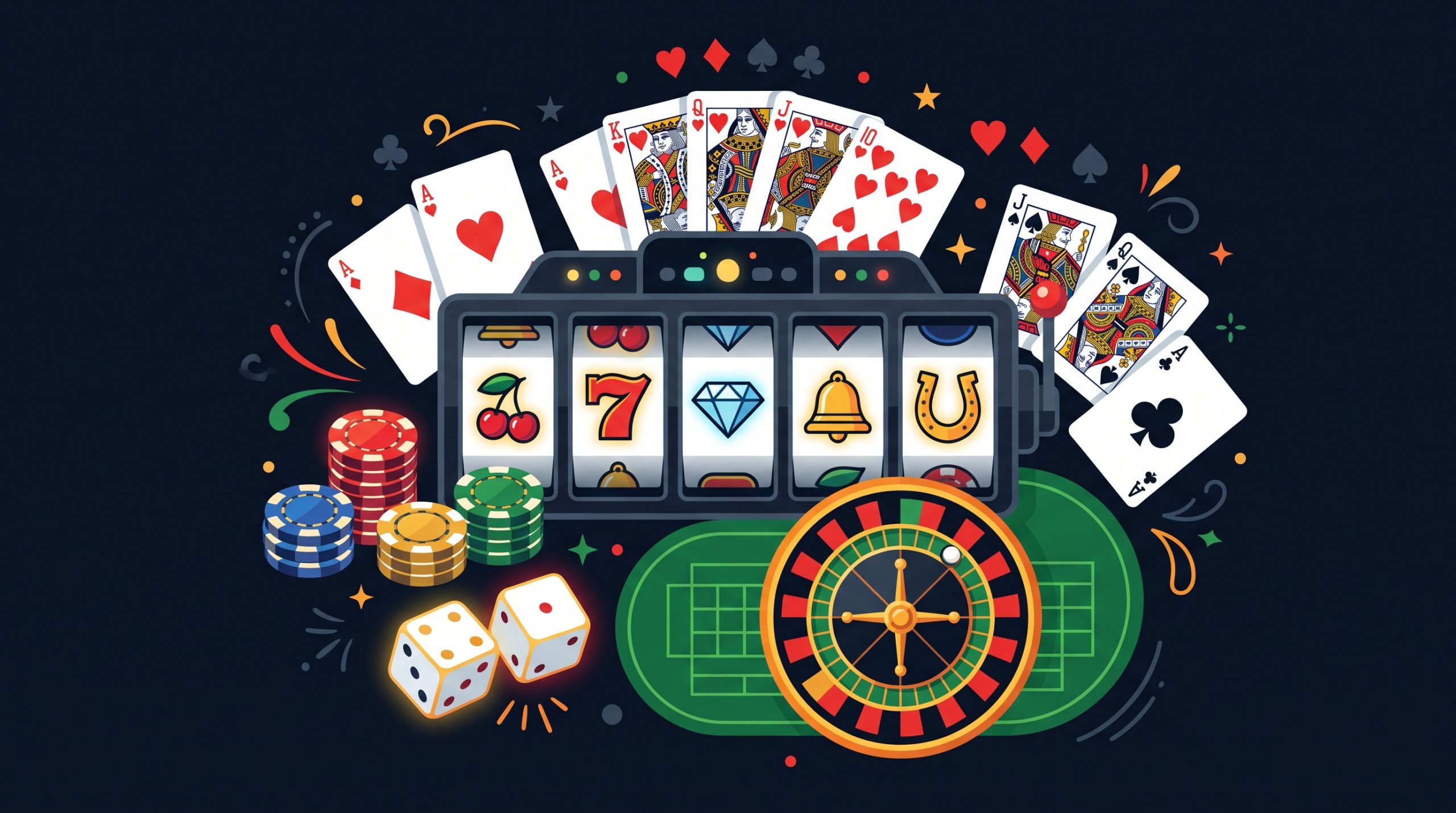Unleash Your Luck: Top Casino Games That Pay Real Money 2 Illustration of casino game elements including slot reels, playing cards, chips, dice, and a roulette wheel