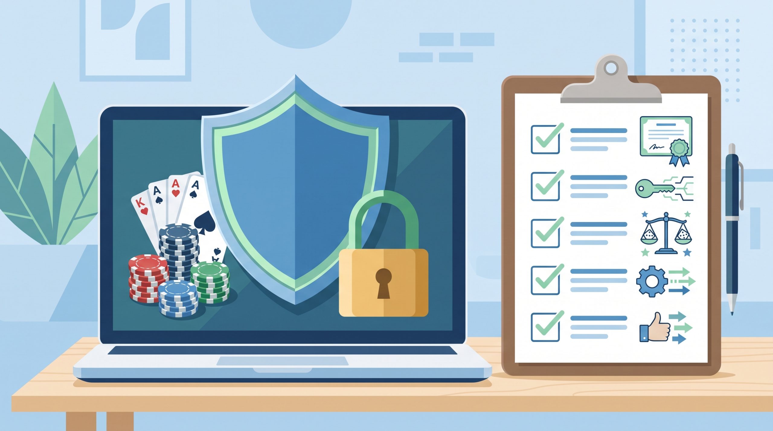 Uncover the Safest Online Casinos for US Players 2 Illustration of a shield, padlock and checklist over a laptop showing casino chips, representing online casino safety checks for US players.
