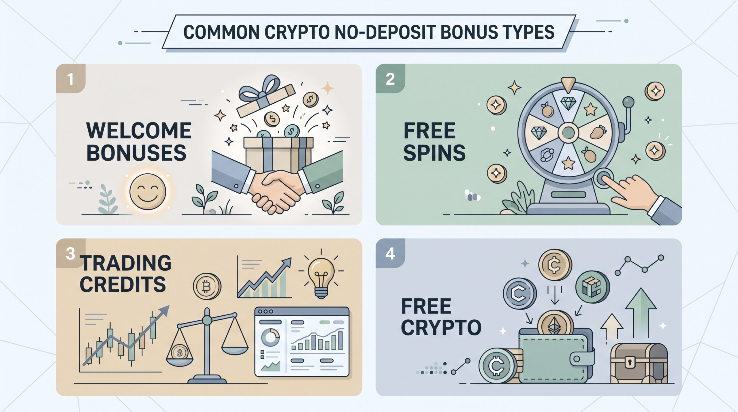 Uncover the Top Crypto Bonuses for Free Sign-Ups 2 Illustration of four common crypto no-deposit bonus types: welcome bonuses, free spins, trading credits, and free crypto.